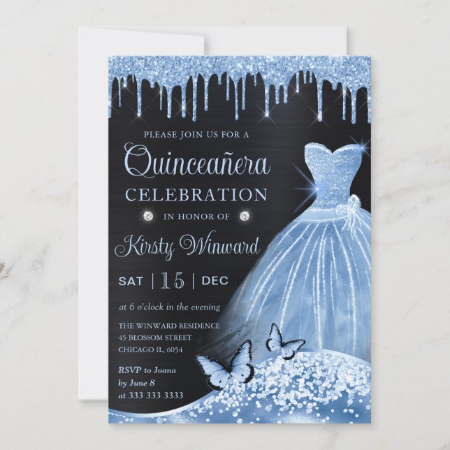 Watercolor Baby Blue Glitter Dress Quinceanera Invitation (Front)