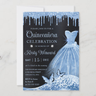 Watercolor Baby Blue Glitter Dress Quinceanera Invitation