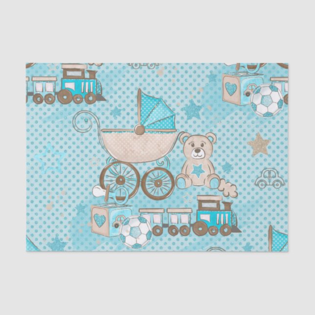 WATERCOLOR BABY BLUE TEDDY BEAR CARS BLOCKS TISSUE PAPER (Front)