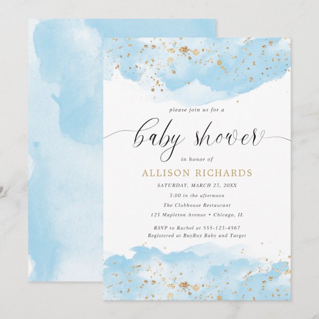 Watercolor baby blue white gold boy baby shower invitation (Front/Back)