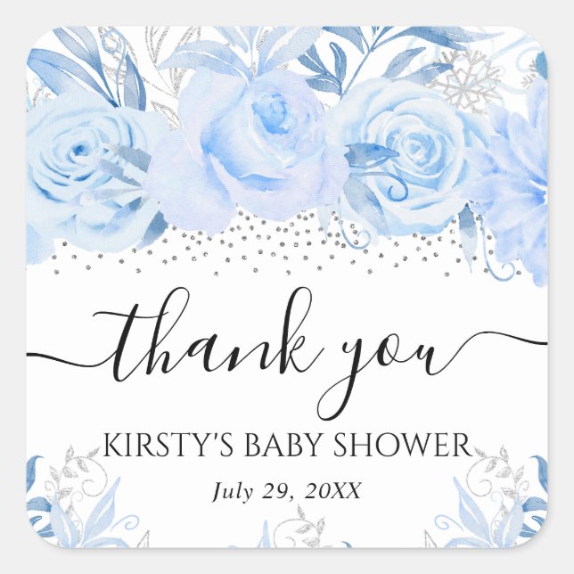 Watercolor Baby Blue Winter Flowers Baby Shower Square Sticker (Front)