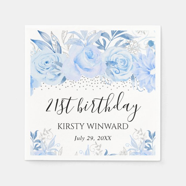 Watercolor Baby Blue Winter Flowers Birthday Napkin (Front)