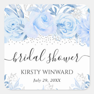 Watercolor Baby Blue Winter Flowers Bridal Shower Square Sticker