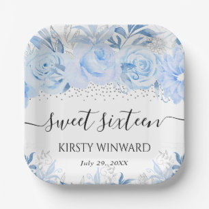 Watercolor Baby Blue Winter Flowers Sweet Sixteen Paper Plate