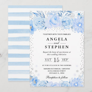 Watercolor Baby Blue Winter Flowers Wedding Invitation