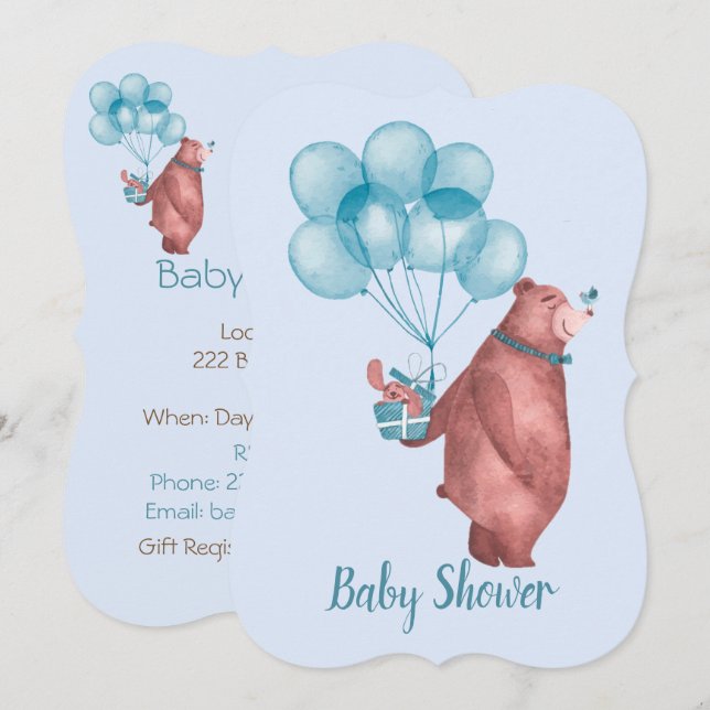 Watercolor Baby Boy Bear Balloons Invitation (Front/Back)