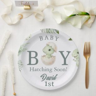 Watercolor Baby Boy Dinosaur 1st Birthday & Baby S Paper Plate