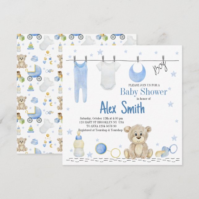 Watercolor baby boy invitation (Front/Back)