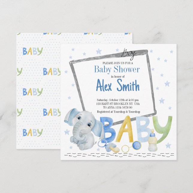 Watercolor baby boy invitation (Front/Back)