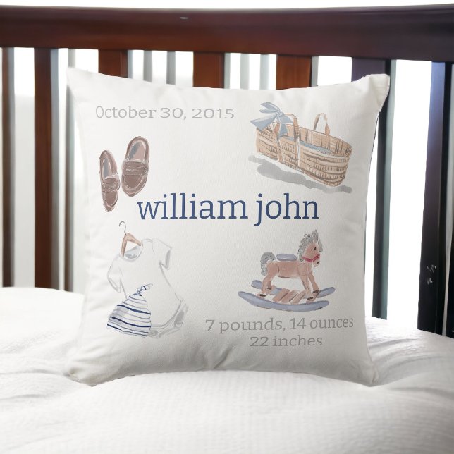 Watercolor Baby Boy Nursery Birth Stats Keepsake Cushion (Creator Uploaded)