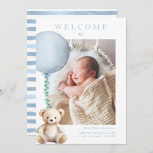 Watercolor Baby Boy Photo Birth Announcement 
