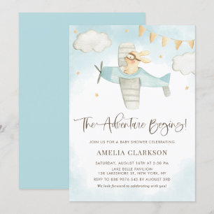 Watercolor Baby Bunny Aeroplane Blue Baby Shower Invitation