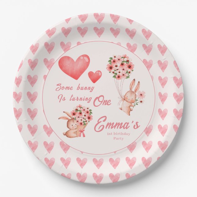 Watercolor baby Bunny first birthday party Paper Plate (Front)