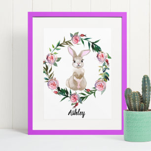 Watercolor Baby Bunny Nursery Flower Woodland Poster