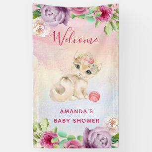 Watercolor Baby Cat and Flowers Banner