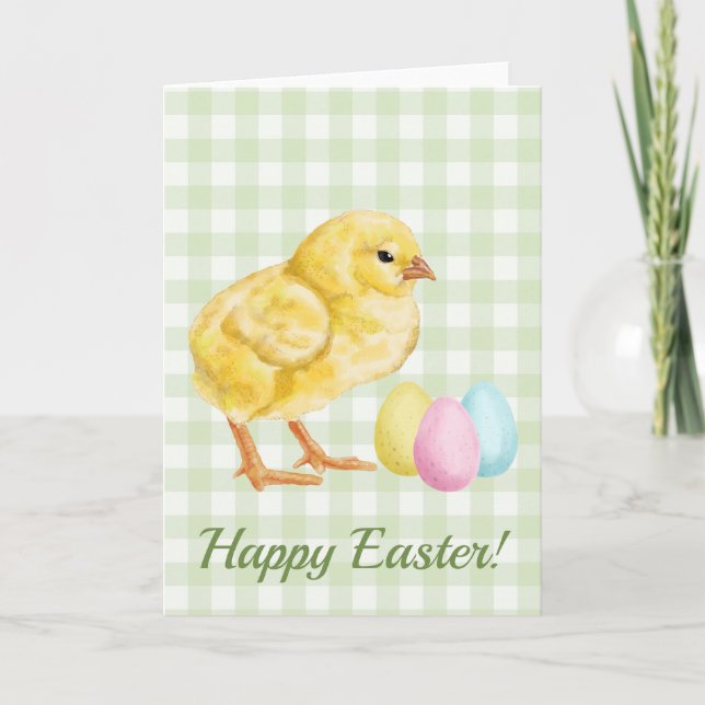 Watercolor Baby Chick And Eggs On Green Easter Card (Front)