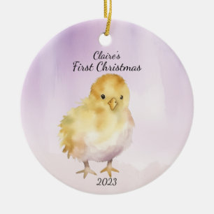 Watercolor Baby Chick First Christmas Personalized Ceramic Tree Decoration