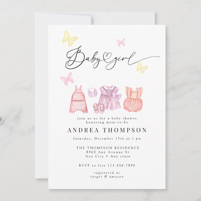 Watercolor Baby Clothes | Girl Baby Shower  Invitation (Front)