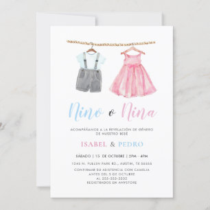 Watercolor Baby Clothes Spanish Gender Reveal Invitation