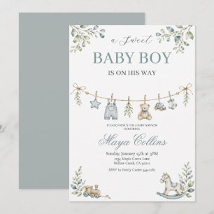 Watercolor Baby Clothesline Baby Shower Invitation