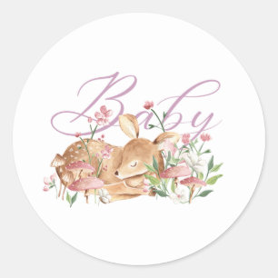 Watercolor Baby Deer and Flowers Classic Round Sticker