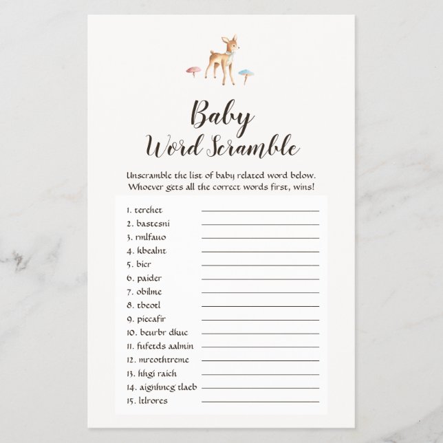 Watercolor Baby Deer Baby Word Scramble Game Flyer (Front)