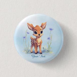 Watercolor Baby Deer Blue Flowers Button