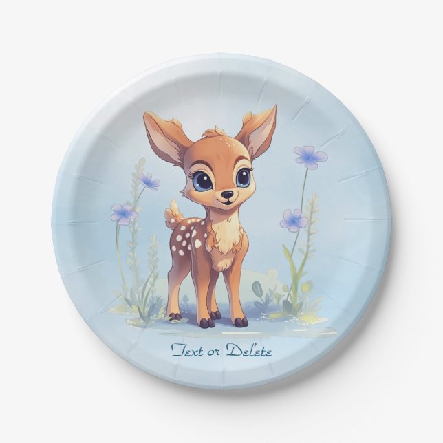 Watercolor Baby Deer Blue Flowers Paper Plate (Front)