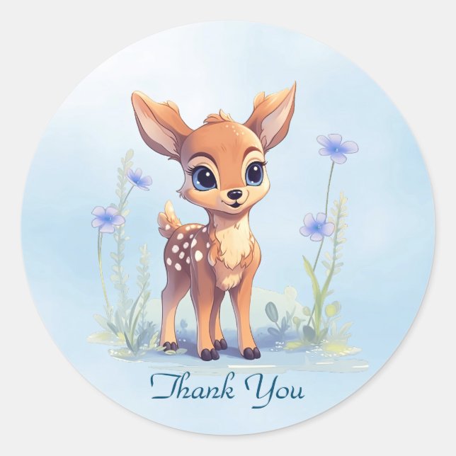 Watercolor Baby Deer Blue Flowers Sticker (Front)