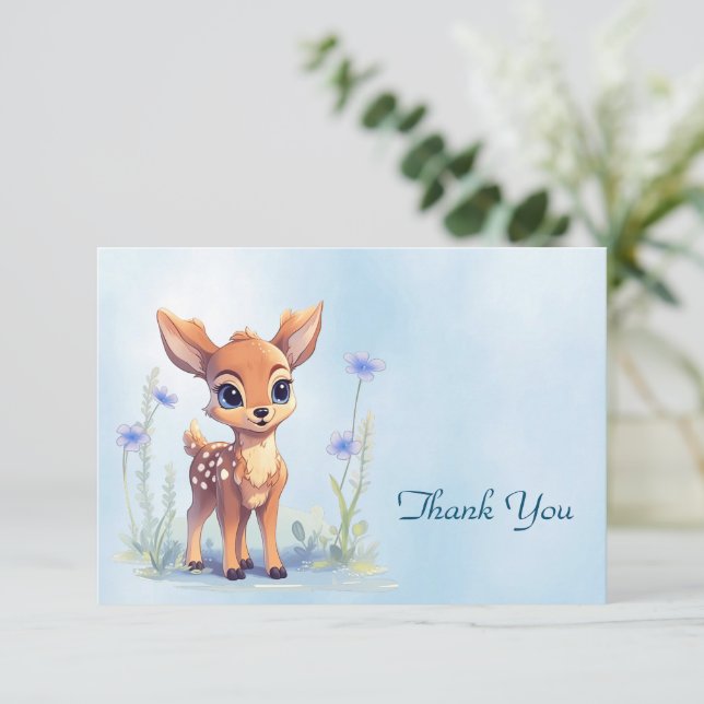 Watercolor Baby Deer Blue Flowers Thank You Card (Standing Front)