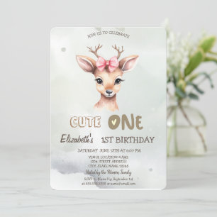 Watercolor Baby Deer Bow Green 1st  Invitation