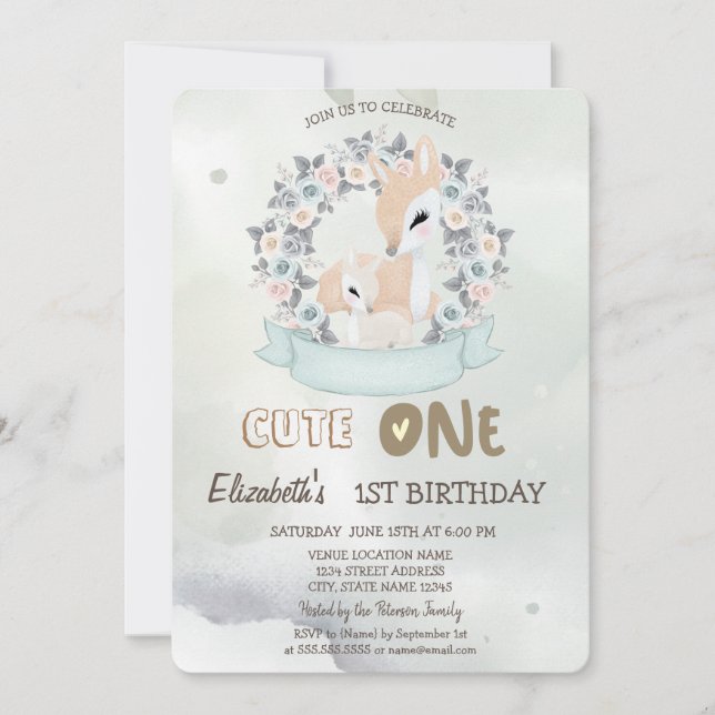 Watercolor Baby Deer Flower Roses Green 1st   Invitation (Front)