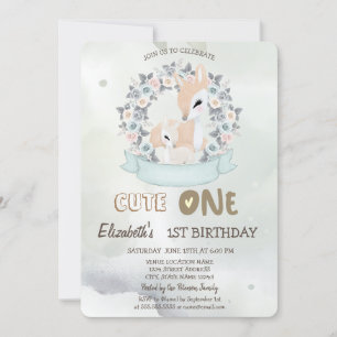 Watercolor Baby Deer Flower Roses Green 1st   Invitation