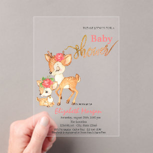 Watercolor Baby Deer Flowers Pink Baby Shower Acrylic Invitations