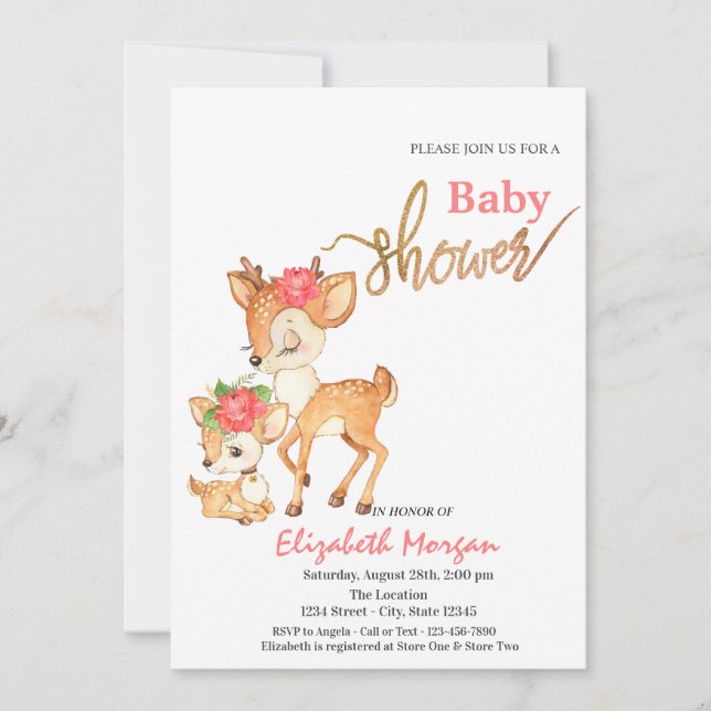 Watercolor Baby Deer Flowers Pink Baby Shower Invitation (Front)