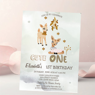 Watercolor Baby Deer Green 1st  Invitation