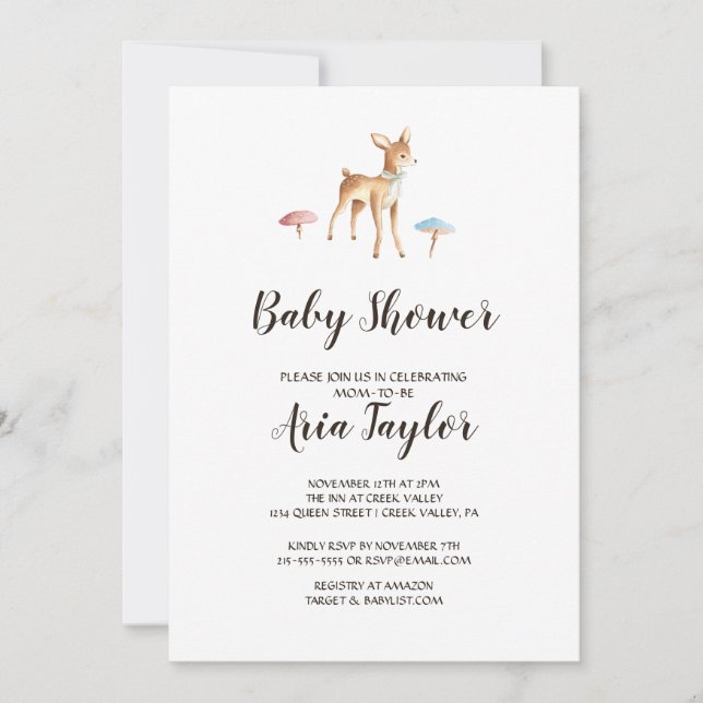 Watercolor Baby Deer on White Baby Shower Invitation (Front)