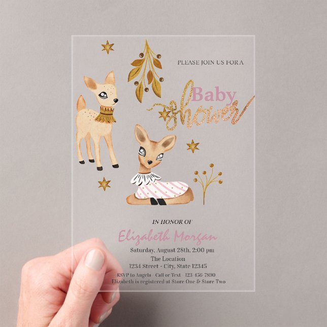 Watercolor Baby Deer Pink Baby Shower Acrylic Invitations (Insitu (Handheld))