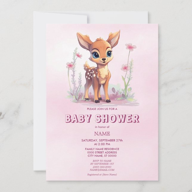 Watercolor Baby Deer Pink Flowers Baby Shower Invitation (Front)