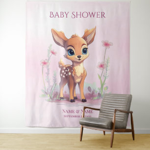Watercolor Baby Deer Pink Flowers Backdrop Tapestry