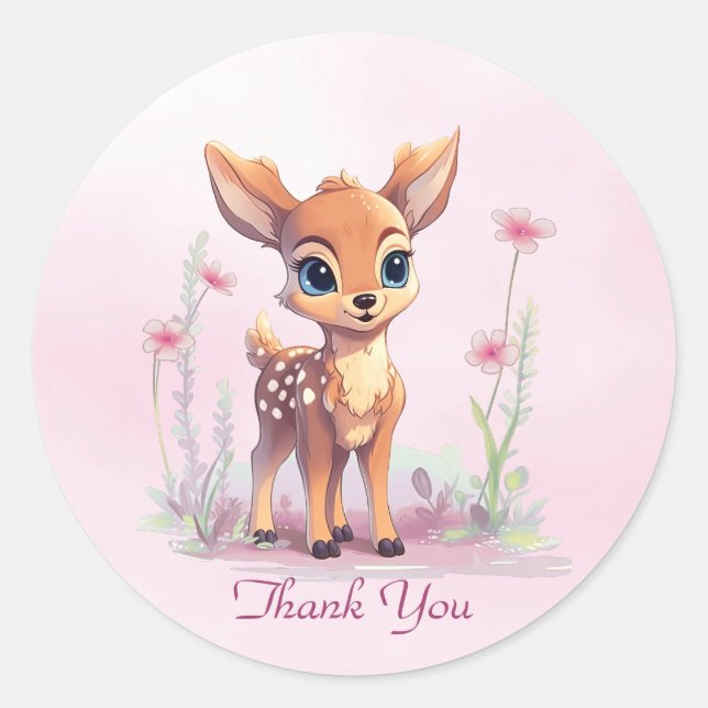 Watercolor Baby Deer Pink Flowers Sticker (Front)