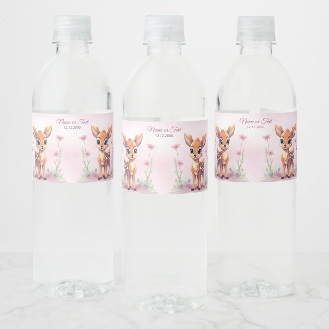 Watercolor Baby Deer Pink Flowers Water Bottle Label (Bottles)