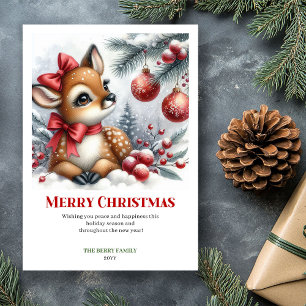 Watercolor Baby Deer Winter Scene Cozy Christmas  Holiday Card
