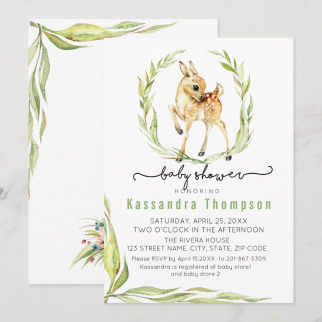 Watercolor Baby Deer With Greenery Baby Shower Invitation (Front/Back)