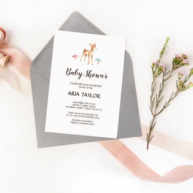 Watercolor Baby Deer with Mushroom Baby Shower Invitation (Creator Uploaded)
