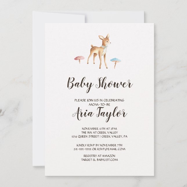 Watercolor Baby Deer with Mushrooms Baby Shower Invitation (Front)