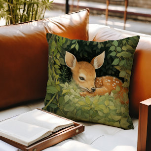 Watercolor Baby Deer Woodland Greenery Cushion