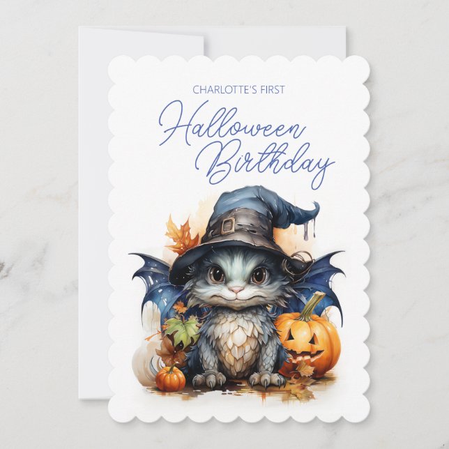 Watercolor Baby Dragon Child's Halloween Birthday Invitation (Front)