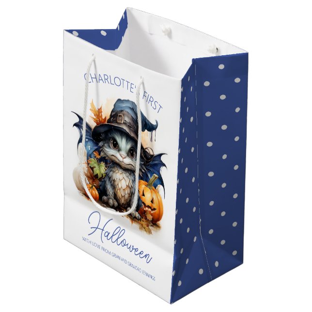 Watercolor Baby Dragon Customisable Halloween Medium Gift Bag (Front Angled)