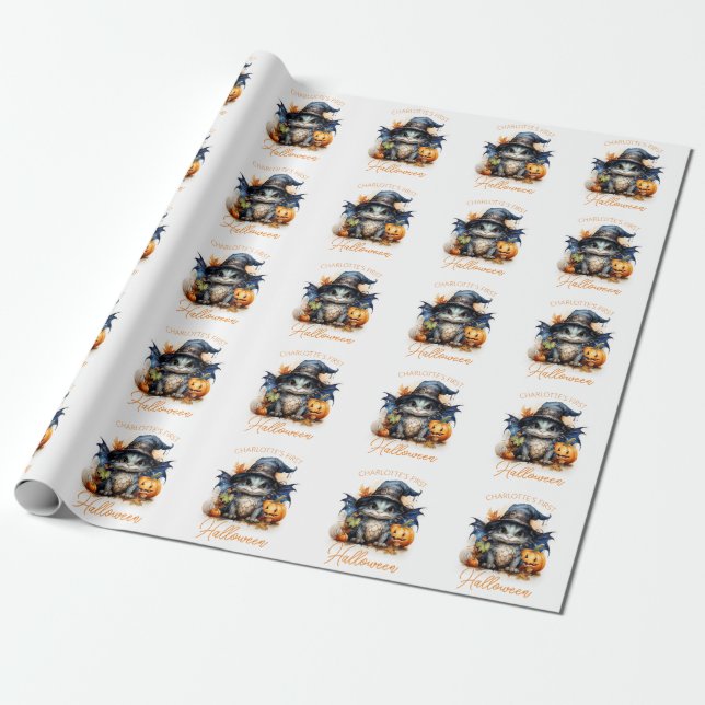 Watercolor Baby Dragon Customisable Halloween Wrapping Paper (Unrolled)